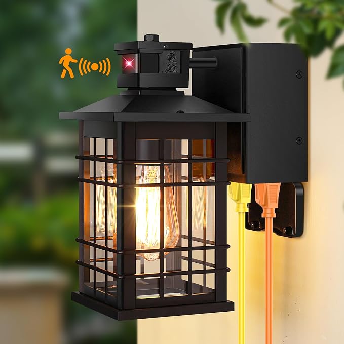 Kondras Motion Sensor Porch Light with GFCI Outlets, 11.4'' Dusk to Dawn Outdoor Wall Light Black, 3 Modes Front Door Exterior Light Fixture Waterproof Outside Light Wall Mount for House Garage