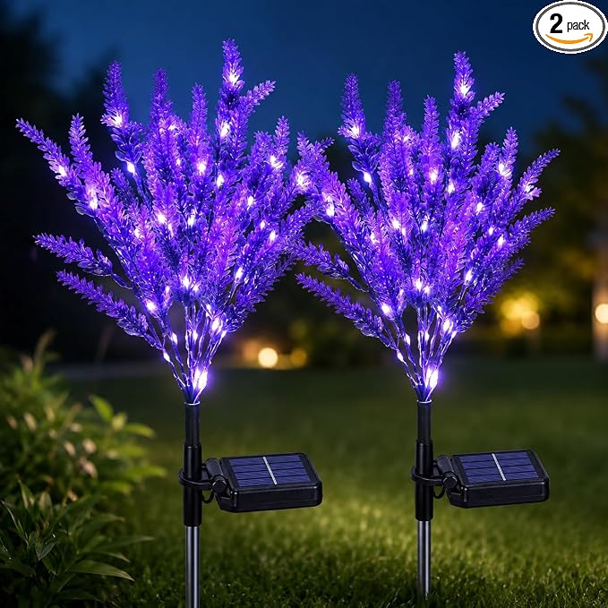 Geegoods Lavender Solar Garden Lights, 2 Pack Outdoor LED Flowers | 2 purple lavender solar flowers with LEDs; auto on/off, IP65 waterproof stakes for pathway, yard, patio and Halloween decor