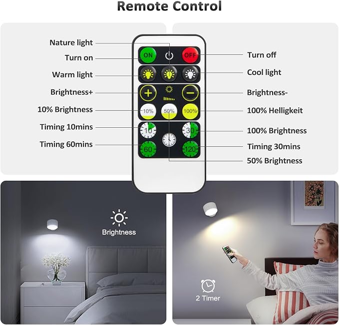 Racokky LED Wall Lights 2 Pcs with Remote, Wall Sconces Lamp 3000mAh Rechargeable Battery Operated, 3 Color Temperatures & Dimmable Magnetic 360° Rotation Cordless Light for Bedroom Reading(White)