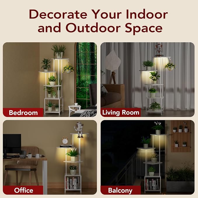 Plant Stand Indoor with Grow Light - 5-Tier Metal Plant Shelf with Hanging Basket Hook, Corner Tall Flower Holder for Multiple Plants, Living Room Balcony Garden Patio, White