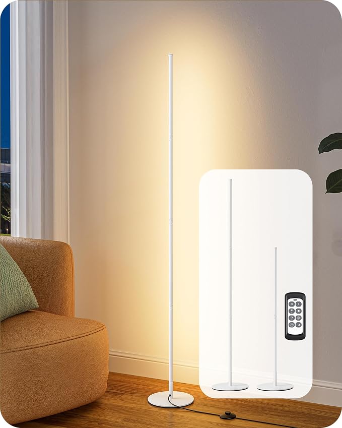 EDISHINE 59.8" Corner Lamp with Remote & 3 Height Settings, Dimmable & 3CCT | Adjustable Color Temperature, Foot Switch, Metal Base, Slim Floor Lamps for Living Room, Bedroom, Study, White
