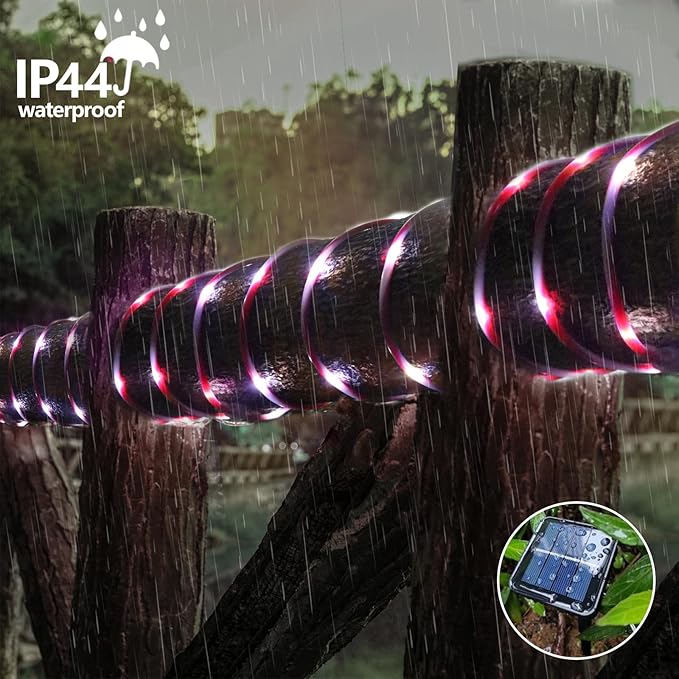 YEGUO Solar Rope Light Outdoor Waterproof, 66ft 200 LED Candy Cane String Lights, 8 Modes Tube Christmas Lights in Clear Thin Tube