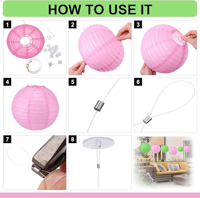 Pelopy 18 Pcs Paper Lanterns 4/6/8/12 Inches Round Chinese Japanese Paper Lanterns for Indoor New Year Valentine's Day Wedding Birthday Party Decorations(Pink and Green,4/6/ 8/12 Inch)