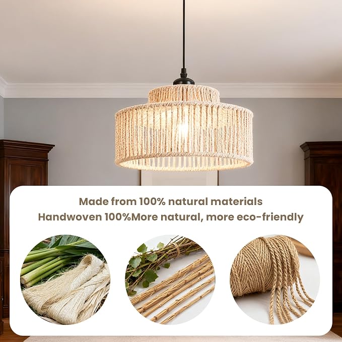 Rattan Pendant Light Set of Two,12.6 Inch Boho Kitchen Island light Fixtures,Handmade Woven Hanging Lamp,Wicker Small Chandelier,Coastal Hanging Lights for Bedroom Kitchen Restaurant Hallway Foyer