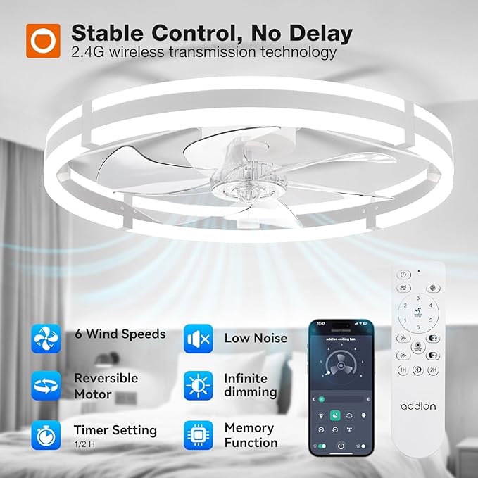 addlon 24" Low Profile Fandelier Ceiling Fans with Lights and Remote, White | Wider Airflow, 3000-6000K Dimmable LED, 6 Speeds, Reversible DC Motor, Remote and App Control, Memory Function, Timer, Quiet
