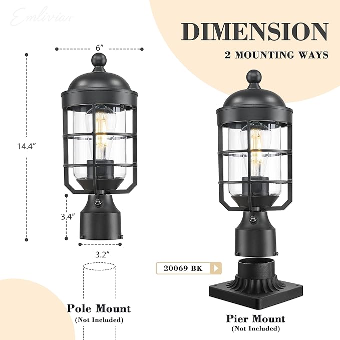 Emliviar Dusk to Dawn Black Lamp Post Light Fixture, 14 Inch Outdoor Pole Light for Porch with Photocell Sensor, Outside Pillar Lantern with Clear Tempered Glass Shade, GE255P-L-PC BK