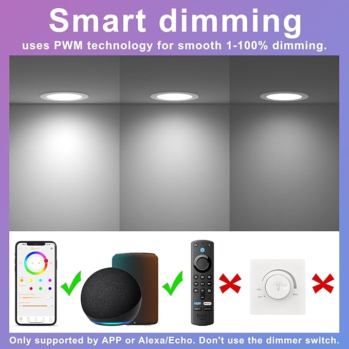 24Pack Smart Recessed Lighting 4 Inch RGBCW Color Changing 12W LED Downlight with Junction Box,1080 Lumen Recessed Ceiling Light Compatible with Alexa,Dimmable by Bluetooth Control