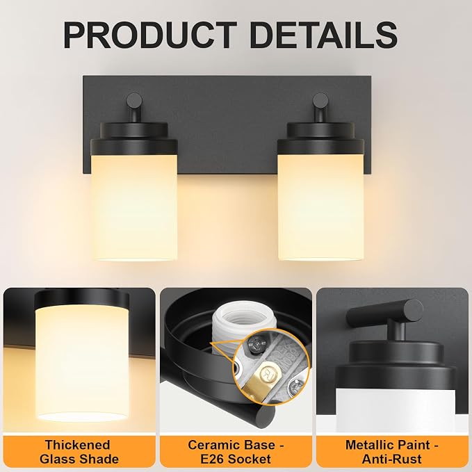 IZORRO Bathroom Vanity Light Fixture, 2-Light 15 Inch Matte Black Bathroom Light Fixtures Over Mirror, with White Glass Shade, Modern Farmhouse Vanity Lights, Rustic Restroom Lighting Fixtures
