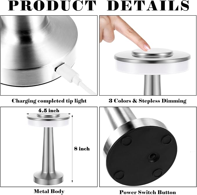 Riakrum 1 Pcs Sliver LED Portable Cordless Table Lamp Bulk with Touch Sensor 3 Color Stepless Dimming Rechargeable Battery up to 15 Hours Cordless Table Light Wireless Lamp Wedding Home