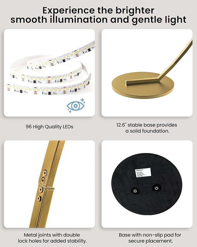 75 inch Dimmable LED Arc Floor Lamp for Living Room with Foot and Remote Control, 3 Color Temperatures, 3000K-6000K Whites, Stepless Dimming,Gold D62LD05