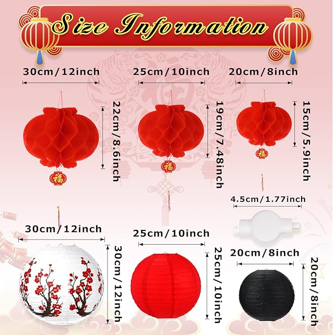 Tuanse 30 Pcs Chinese Japanese Paper Lanterns with LED Light, 2026 Chinese Lunar New Year Decoration Cherry Blossom Red Hanging Lanterns for Spring Festival Home Decor(Multi Size,Red, White, Black)