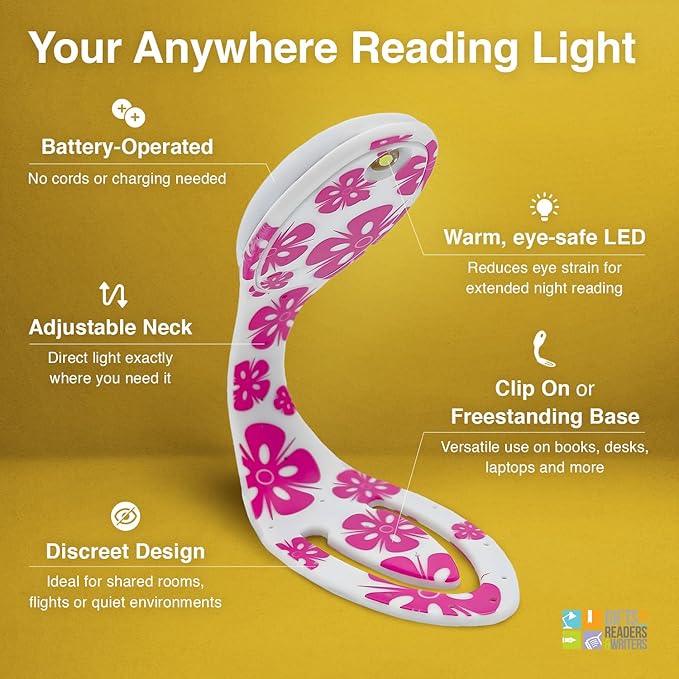 Gifts for Readers & Writers Book Light, Clip On Reading Light for Bed, 2in1 Flexilight & Bookmark, Small & Lightweight with a Soft Glow, 2 Batteries Included, Pink Flowers