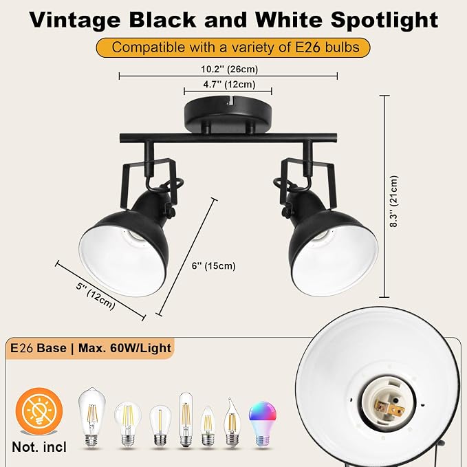 HiBay LED Track Lighting Fixtures, Rotatable 2-Light Spot Light Black | Ceiling Wall Mount, Industrial Track Light Spotlight for Kitchen, Living Room, Hallway, E26 Base (Bulbs Not Included)