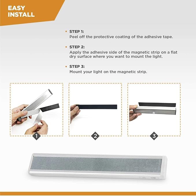Motion Sensor LED Under Cabinet Lights, 10 LED Light Strips for Closet, Kitchen, Bathroom, Pantry - Battery Operated, Wireless, Peel and Stick, 3 Pack