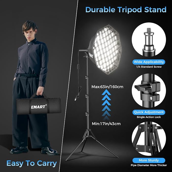 EMART Softbox Lighting Kit with Grid, 50W 20"x20" Soft Box for Photography | Pull Softbox, 3000K-6000K LED Bulb with Remote/APP Control, Photography Lighting for Video Recording,Streaming,Portrait 1Pack