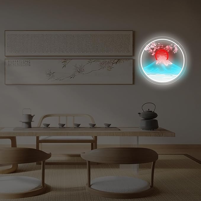 Mount Fuji Sunrise LED Neon Sign with Cherry Blossom, Japanese Sakura Style Wall Decor, USB Powered Neon Light for Bedroom, Living Room & Aesthetic Home Decor Holiday Birthday Gifts