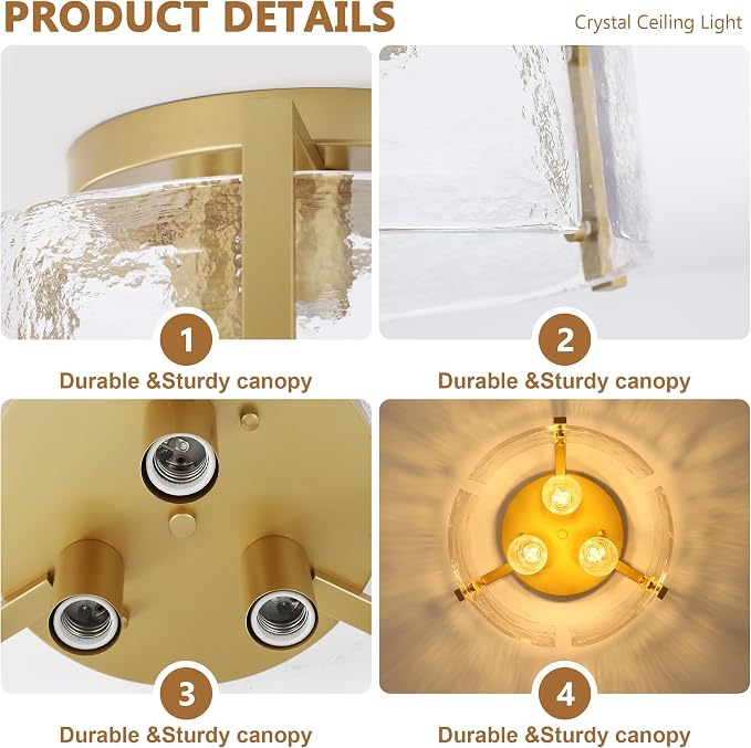 15" Gold Semi Flush Mount Ceiling Light, 3-Light Modern Drum Glass Dining Light Fixture, Dimmable Ceiling Mount for Hallway Entryway Foyer, Kitchen Over Island, Bedroom Bathroom Laundry Room Farmhouse