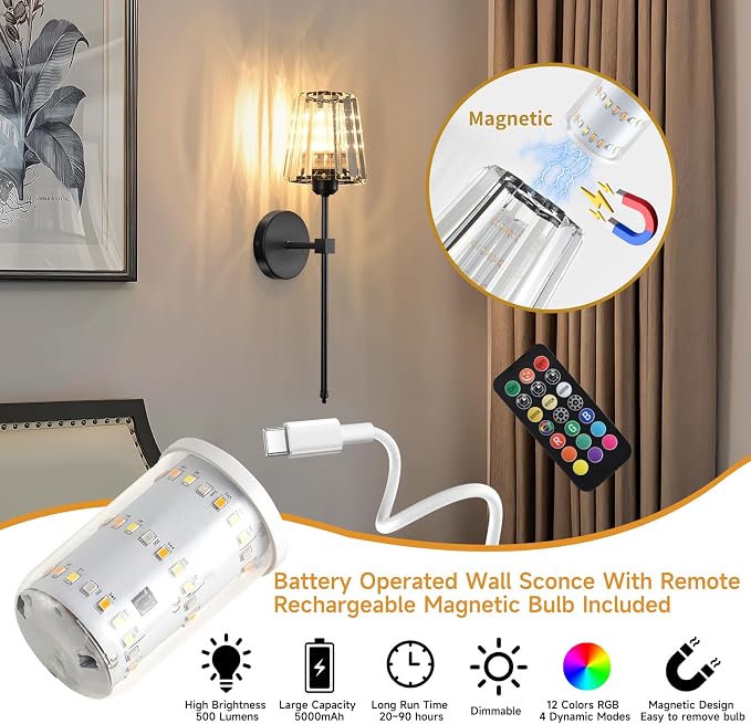 Battery Operated Crystal Wall Sconces Set of 2, Black Wireless Wall Sconce with USB Rechargeable LED Light Bulbs 12 Colors Dimmable Crystal Wall Lamp with Remote for Bedroom Living Room Bulbs Included