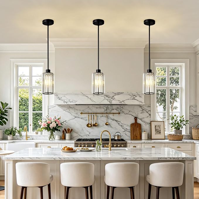 5.1" Mini Modern Black Crystal Kitchen Island Pendant Lights 3 Pack | Small Crystal Glass Shade, Sparkling Crystal Reflections, Customizable Hanging Height, Fits Most Ceilings, Matte Black Finish