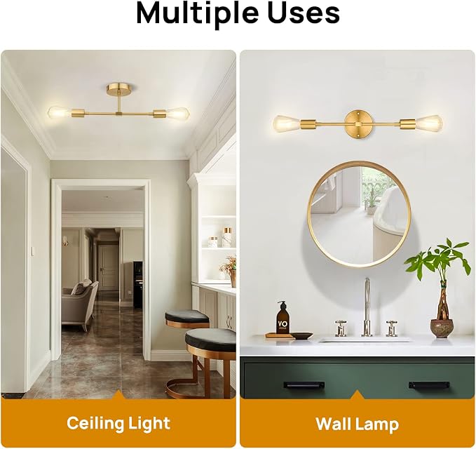 FadimiKoo 2-Light Golden Bathroom Wall Sconces Lighting, Modern Vanity Light Over Mirror, Brushed Brass Indoor Wall Mounted Lamp for Bathroom Hallway Bedside Kitchen (2 Pack)