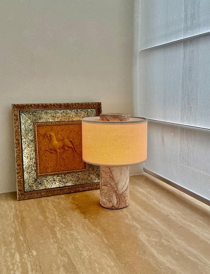 BSOD Pink Shell Marble Lamp Stone Lamps - Fossil Marble Table Bedside Cordless Luxury Cute Design Bedside Lamp for Home Decor, Bedroom, Living Room & Gifts (Rechargeable Pink Lumachella Lamp)