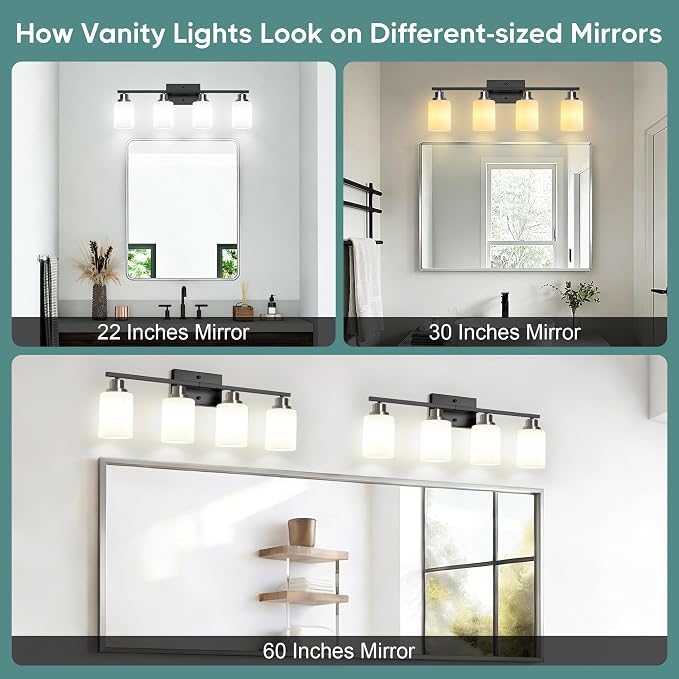 Ascher Bathroom Light Fixtures, 4-Light Vanity Light Over Mirror, Black and Nickel Wall Sconces with Milky White Frosted Glass Shades, Wall Lamp for Living Room Bedroom, E26 Base(Bulbs Not Included)