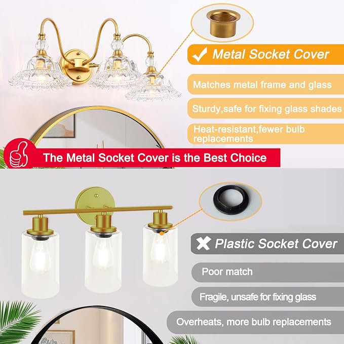 Modern Bathroom Vanity Light Fixtures 3 Lights Brushed Gold Vanity Lights for Bathroom with Floral Crystal Glass Shade Modern Wall Lighting Fixtures Over Mirror(Exclude E26 Bulb)