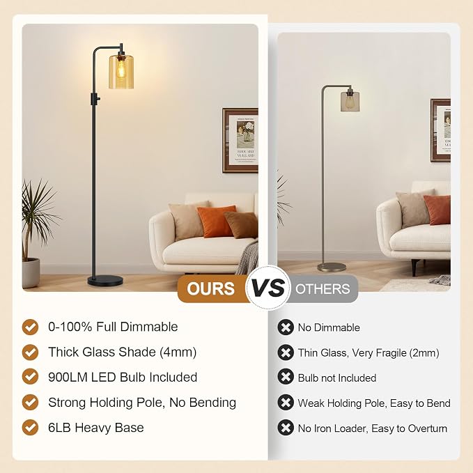 【Upgraded】 Dimmable Floor Lamp for Living Room with Amber Glass Lampshade, Black Modern Glass Floor Lamp with 900LM LED Bulb Included, Arc Standing Tall Lamp for Bedroom, Office, Reading Room, Corner