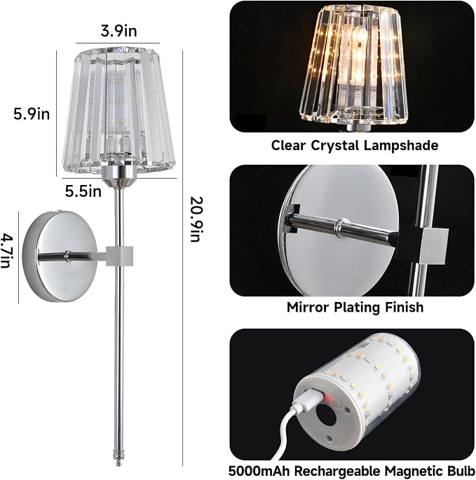 Battery Operated Crystal Wall Sconce Set of 2, Chrome Wireless Wall Sconce with USB Rechargeable LED Light Bulbs 12 Colors Dimmable Crystal Wall Lamp with Remote for Bedroom Living Room Bulbs Included