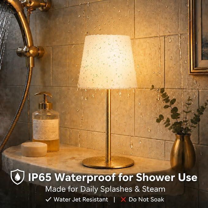 EZVALO Outdoor Cordless Table Lamp, IP65 Waterproof 4500mAh Rechargeble Shower Lamp, Dimmable Touch Lamp, LED Night Light Lamp for Bathroom Patio Camping Restaurant Home 1 Pack (Gold)