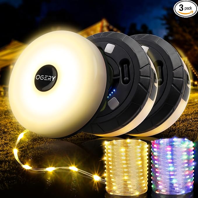 3-Pack Camping String Lights, 32.8FT Rechargeable Lights | Protable Rechargeable Fairy Tent Lights String , Waterproof Portable LED Lamp for Outdoor Indoor Patio Decor Essentials