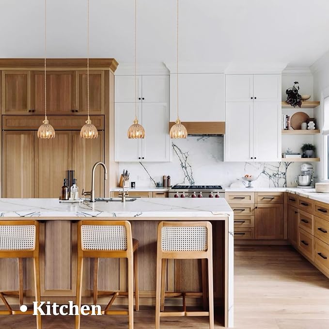 Pendant Light 2 Pack with Amber Tulip Glass Lmapshade, Brass Vintage Pendant Light Adjustable Hanging Light for Kitchen Island Dining Room Hallway