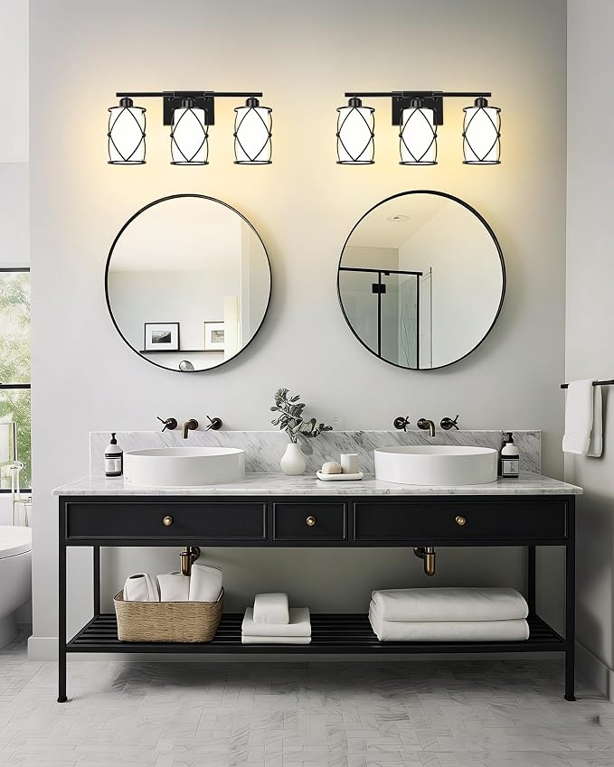 3-Light Black Bathroom Light Fixtures with Milk White Frosted Glass, 21" Modern Bathroom Vanity Lighting Fixtures Over Mirror with Metal Cage, Wall Sconce Lights for Bath, E26, CH9176BKW-3W