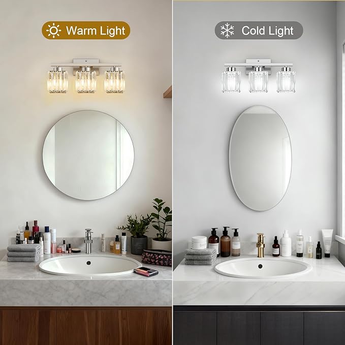 GOLSPARK 3 Light Crystal Bathroom Light Fixtures, Modern Brushed Nickel Vanity Lighting Fixtures, Vanity Light Over Mirror for Bathroom, E26 Socket Crystal Wall Light Square Shades (Bulbs Excluded)