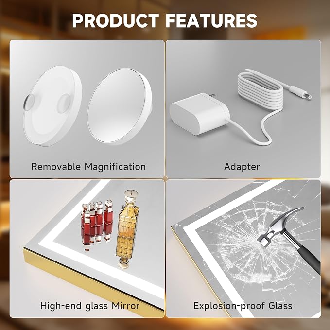 Hasipu Vanity Mirror with Lights, 28" x 20" LED Makeup Mirror, Lighted Makeup Mirror with Dimmable 3 Modes, Touch Screen Control Vanity Mirror Square Gold