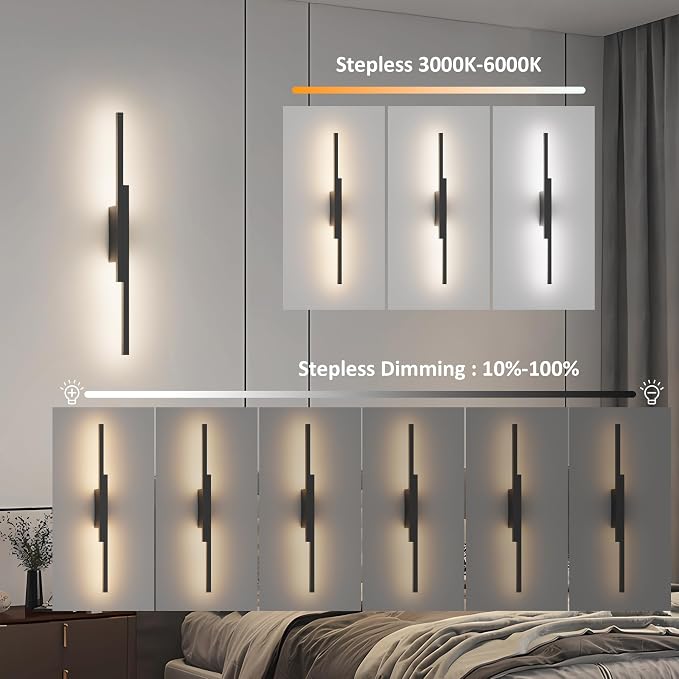 Aipsun Black Wall Sconces Set of Two Battery Operated Wall Sconces 3000K-6000K Dimmable LED Wireless Wall Lights for Living Room,Bedroom,10,000mAh,23.6Inch (2 Pack)
