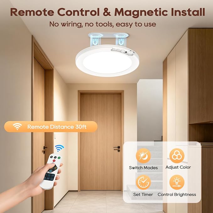 2 Pack Rechargeable Motion Sensor Ceiling Light, 8000mAh Battery Operated Ceiling Lights with Remote, Magnetic Wireless Closet Light, 3 Color Dimmable LED Lights for Closet Shower Pantry Hallway