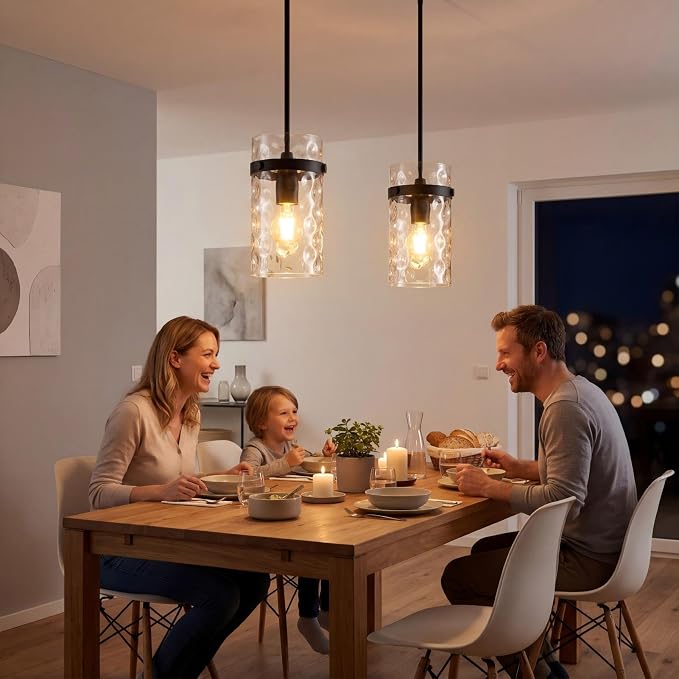 Modern Clear Wavy Glass Pendant Light 2 Pack - Thick Glass Adjustable E26 Hanging Lamp with Elegant Warm Glow for Kitchen Island, Dining Room & Hallway