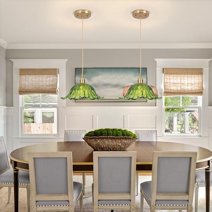 Battery Operated Pendant Light,Green Chandelier 2500mAh RGB Light Bulb 11in Vintage Light Fixtures with Remote Control Wireless Adjustable Rechargeable Chandelier for Kitchen Island Hallway 1Light