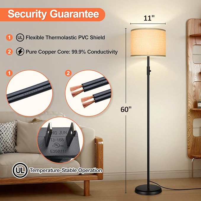 Floor Lamp Simple Design with Shade, Small Tall Lamps for Living Room Bedroom Office Dining Room Kitchen-Black