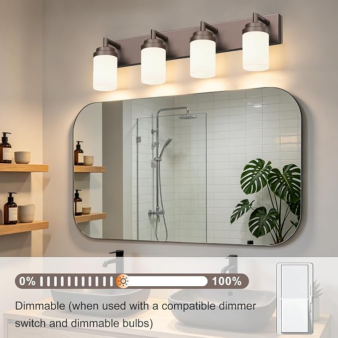 Bathroom Light Fixtures, Oil Rubbed Bronze Bathroom Lighting Fixtures Over Mirror, Modern Vanity Light with White Glass Shade, Restroom Lighting Fixtures, 4-Light 30-inch