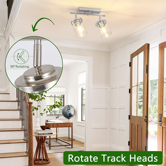 FadimiKoo 2-Lights Brushed Nickel Kitchen Track Lighting Fixtures Ceiling Mount, Adjustable Hallway Light Fxitures with Clear Glass Shade, Modern Spotlight Fixtures for Living Room Foyer Stairway