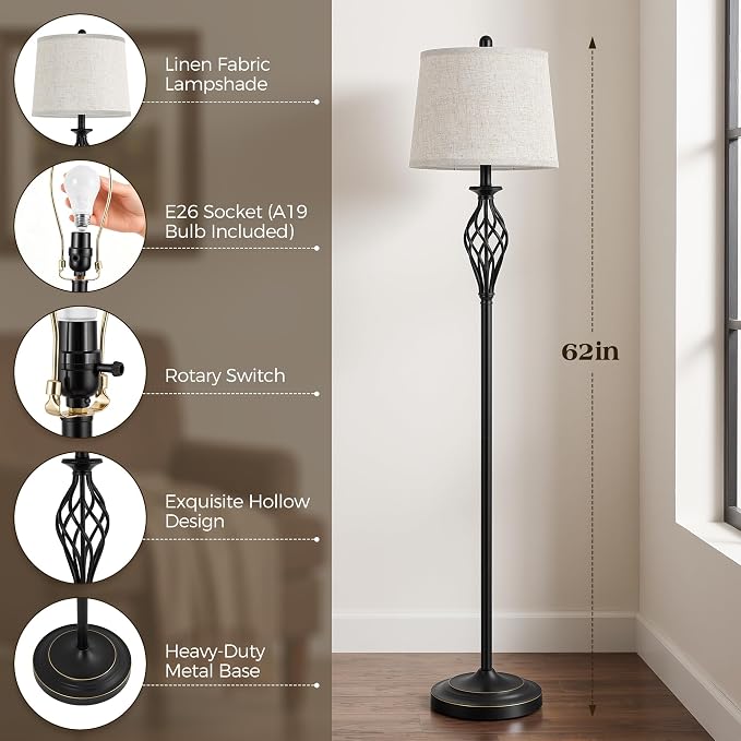 EJIAXIN Floor Lamps for Living Room - 62" Farmhouse Vintage Standing Lamp for Bedroom with Adjustable Color Temperatures,Black Tall Lamp with Linen Shade,Reading Light for Home Office,Bulb Included