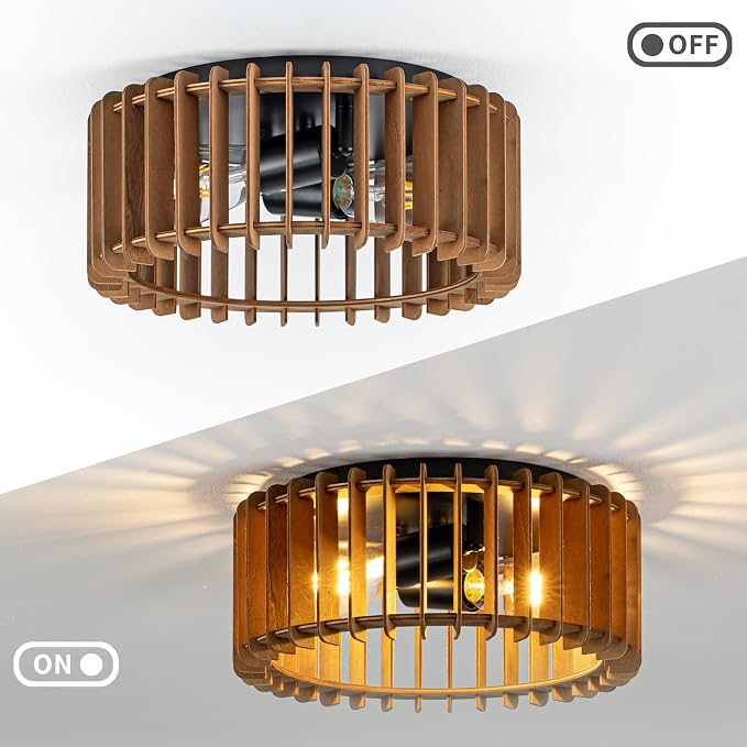 Wood Flush Mount Ceiling Light, 2-Light Farmhouse Ceiling Light, Rustic Light Fixture for Hallway, Entryway, Bedroom, Kitchen