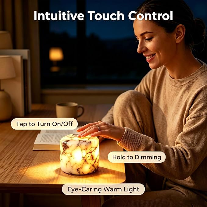 Marble Desk Lamp Touch Control Rechargeable Dimmable LED Light | Premium Natural Marble Base Sensitive Touch Control 3-level Dimming Eye-caring LED Night Light for Bedroom Ambient Decor