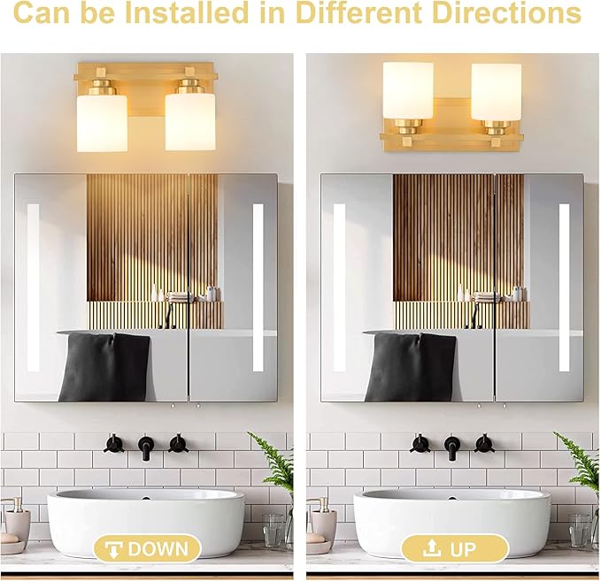 Modern Bathroom Light Fixtures Over Mirror, Vanity Lights for Bathroom Wall Sconces with Milky White Glass Shades, E26 Socket (Bulbs Not Included), 2 Light, Brass