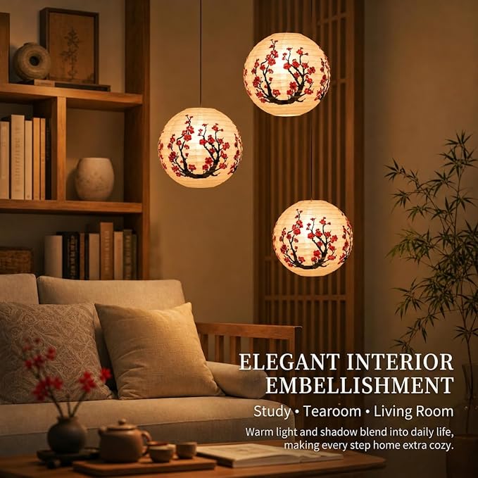 6 Pcs White Paper Lanterns Decorative 10x12 Inch, ZUEXT Cherry Blossom Hanging Round Chinese/Japanese Lantern for Festival Theme Birthday Party Wedding Home Yard Japanese Eateries Decor Oriental Style