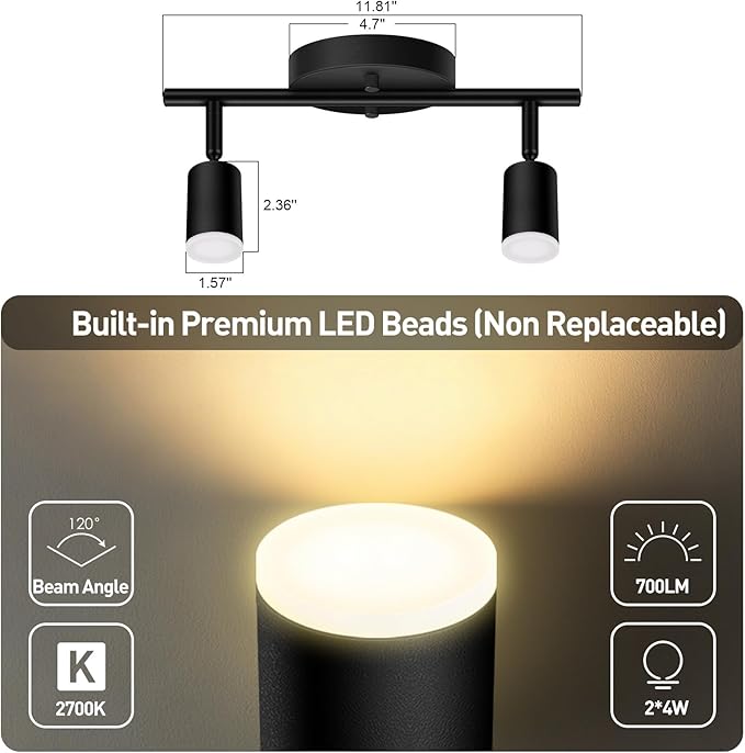 2 Light Track Lighting Fixtures Ceiling, 8W/2700K Black Track Lighting with Acrylic Lampshade & Rotatable Light Heads, 20000hrs Lifespan, Modern LED Track Lights Ceiling for Kitchen/Hallyway
