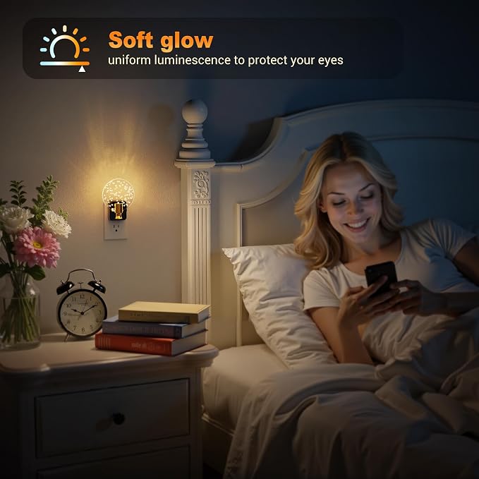 JandCase Night Light, Dimmable Night Lights Plug into Wall 2 Pack | Bubble Nightlight with Auto On/Off Light Sensor, 0-100LM LED Round Nightlights, 180°Rotatable Acrylic Nite Light for Hallway