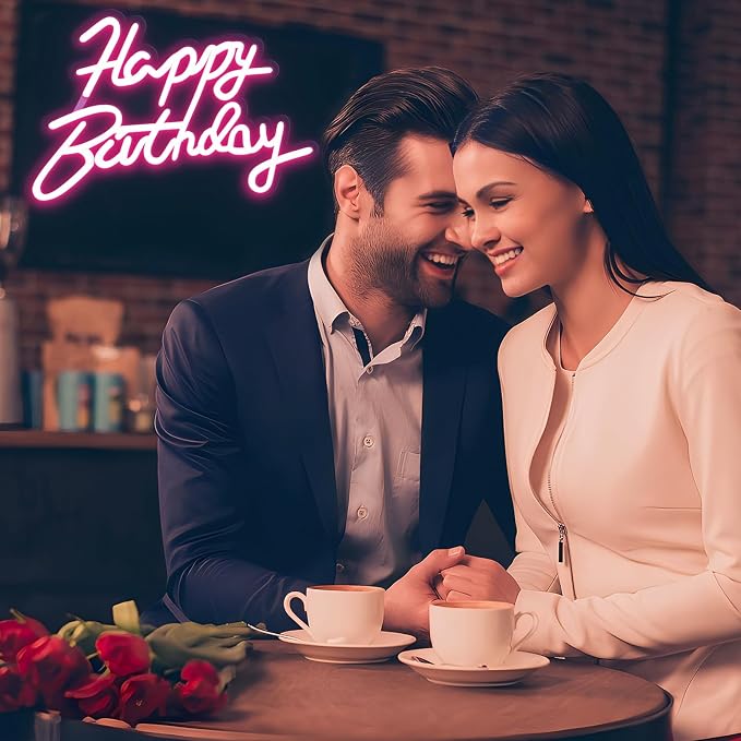 FARNY Happy Birthday Neon Sign for Wall Decor, LED Happy Birthday Light Up Sign Pink, Dimmable LED Birthday Neon Light for Birthday Party Decorations Backdrop,16.5"x 12"